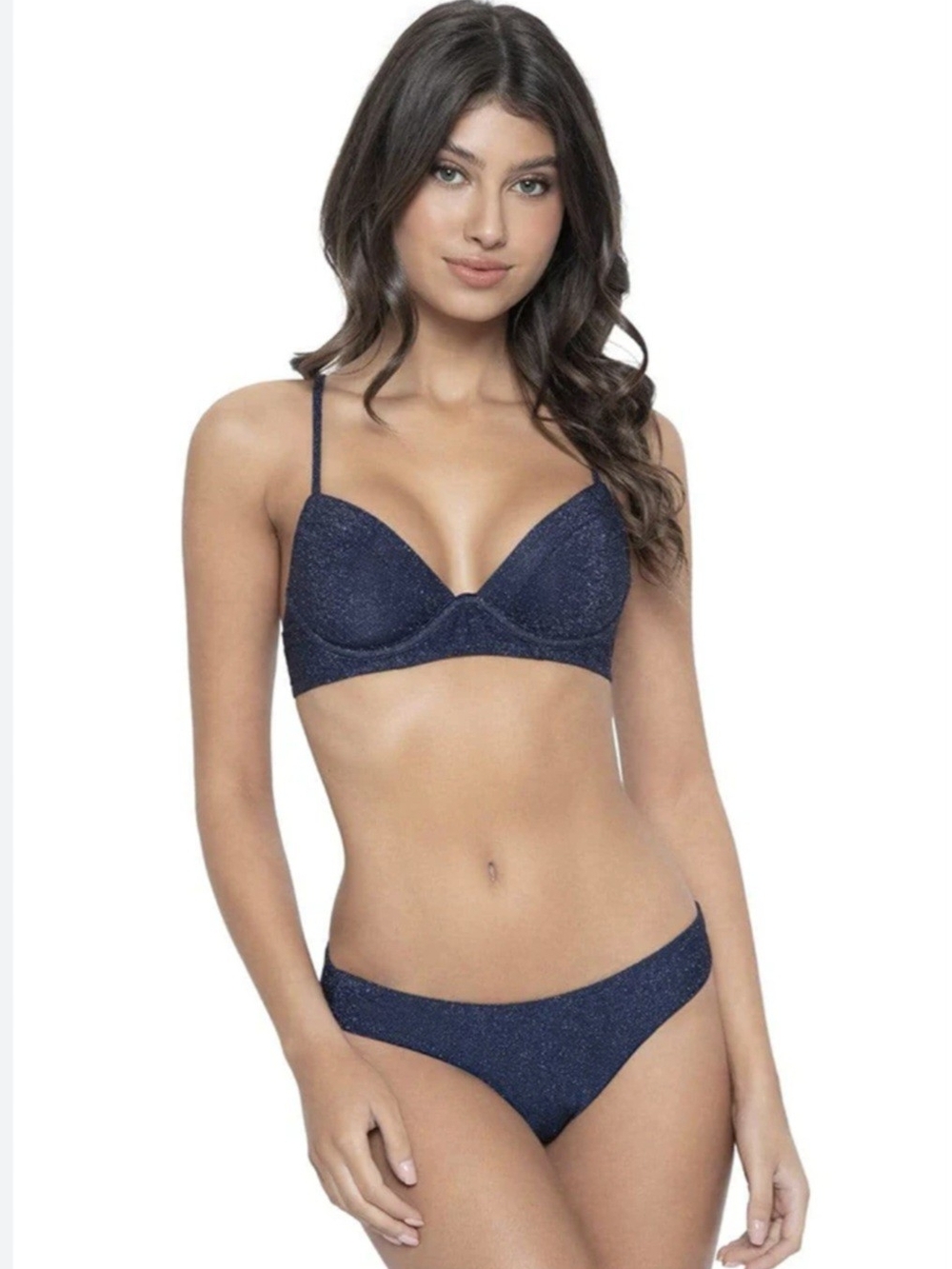 PQ Swim Navy Blue Shimmer Bikini (Evie Top/Full Ruched Bottom) -- Medium NWT